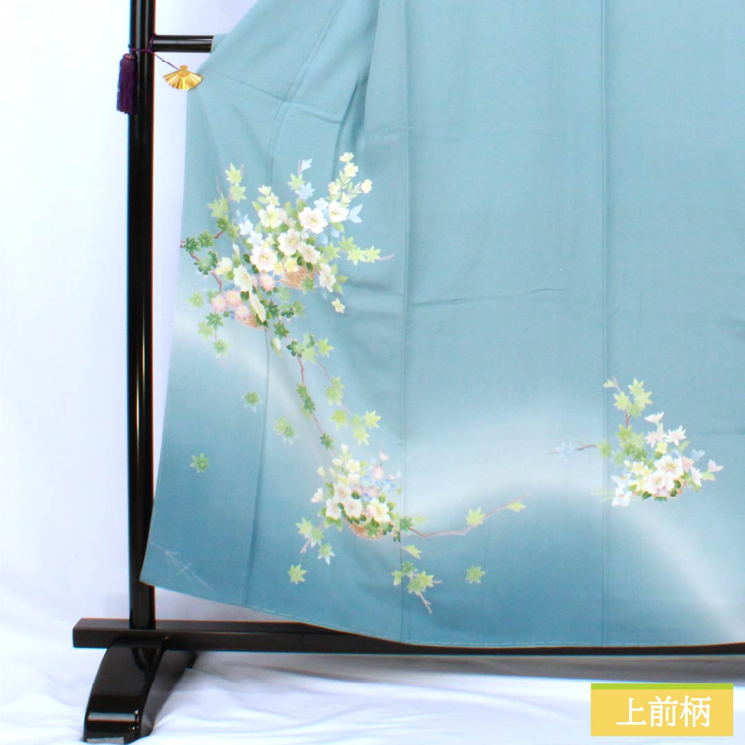訪問着 正絹 Sランク 袷 身丈155.5cm 裄丈63cm 砧青磁色（きぬたせいじいろ） 加賀友禅 南克治 付下げ 花籠 しつけ糸付き 水色系 1112007312324