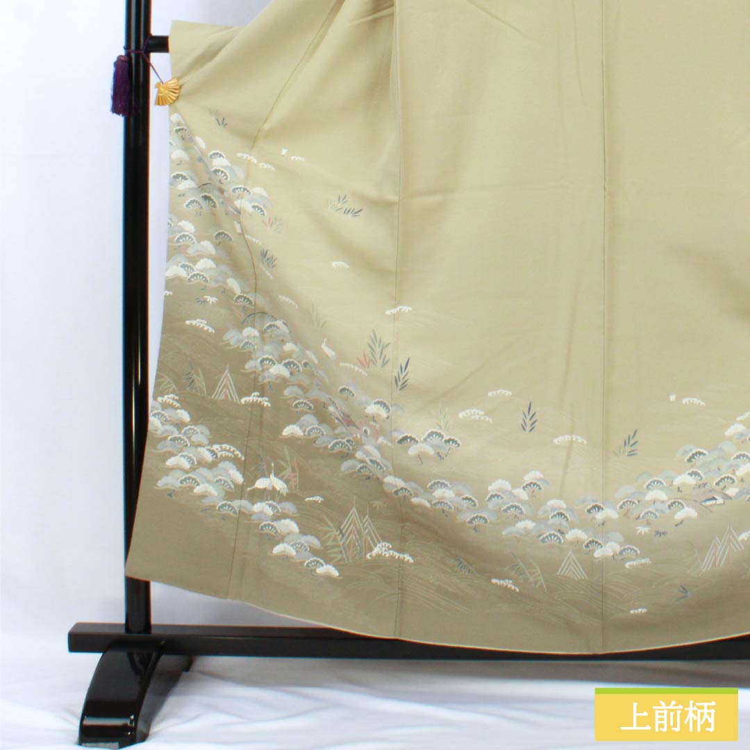 Visiting Kimono, Pure Silk, Grade A, Lined, Length 157.5cm, Sleeve Length 62.5cm, Rikyu White Brown (Rikyu Shirachairo), Kyoto Yuzen, Ivy, Single Crest, Artist's Work, Landscape Pattern, Green, Product Number: 1112007073319