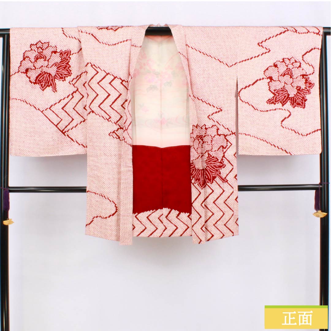 羽織 正絹 Sランク 身丈87cm 裄丈67cm 生臙脂色（しょうえんじいろ） 絞り 花 袷 赤系 1117001322912