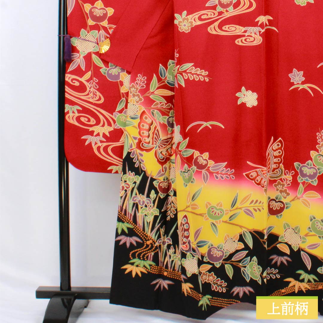 振袖 正絹 Aランク 身丈158.5cm 裄丈67cm 袷 紅赤色（べにあかいろ） 京紅型 吉祥文様 蝶 菖蒲 橘 赤系 1113002283312
