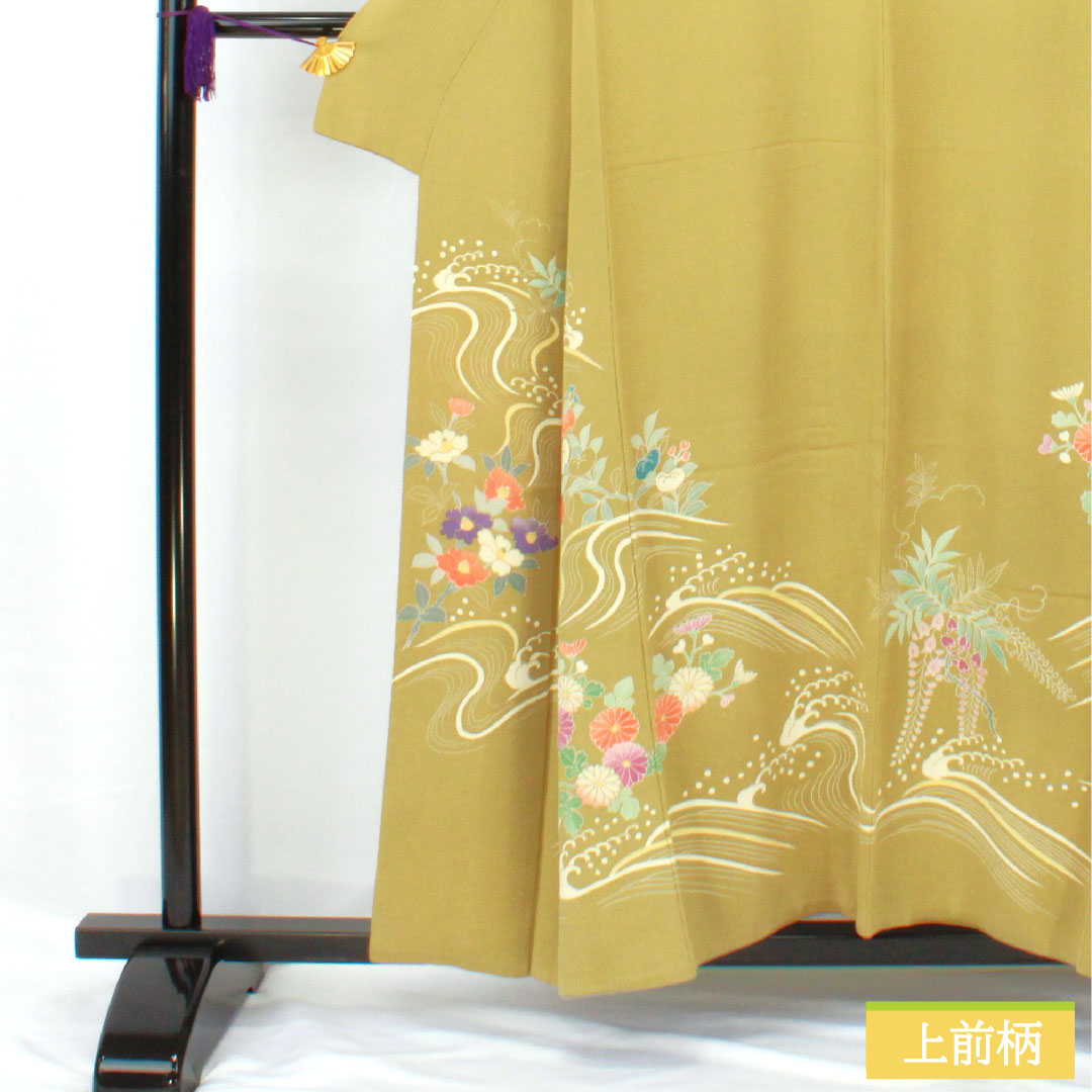 訪問着 正絹 袷 身丈155.5cm 裄丈67.5cm 唐金色（からかねいろ） 京友禅 ちりめん地 草花模様 Aランク 緑系 1112005953319