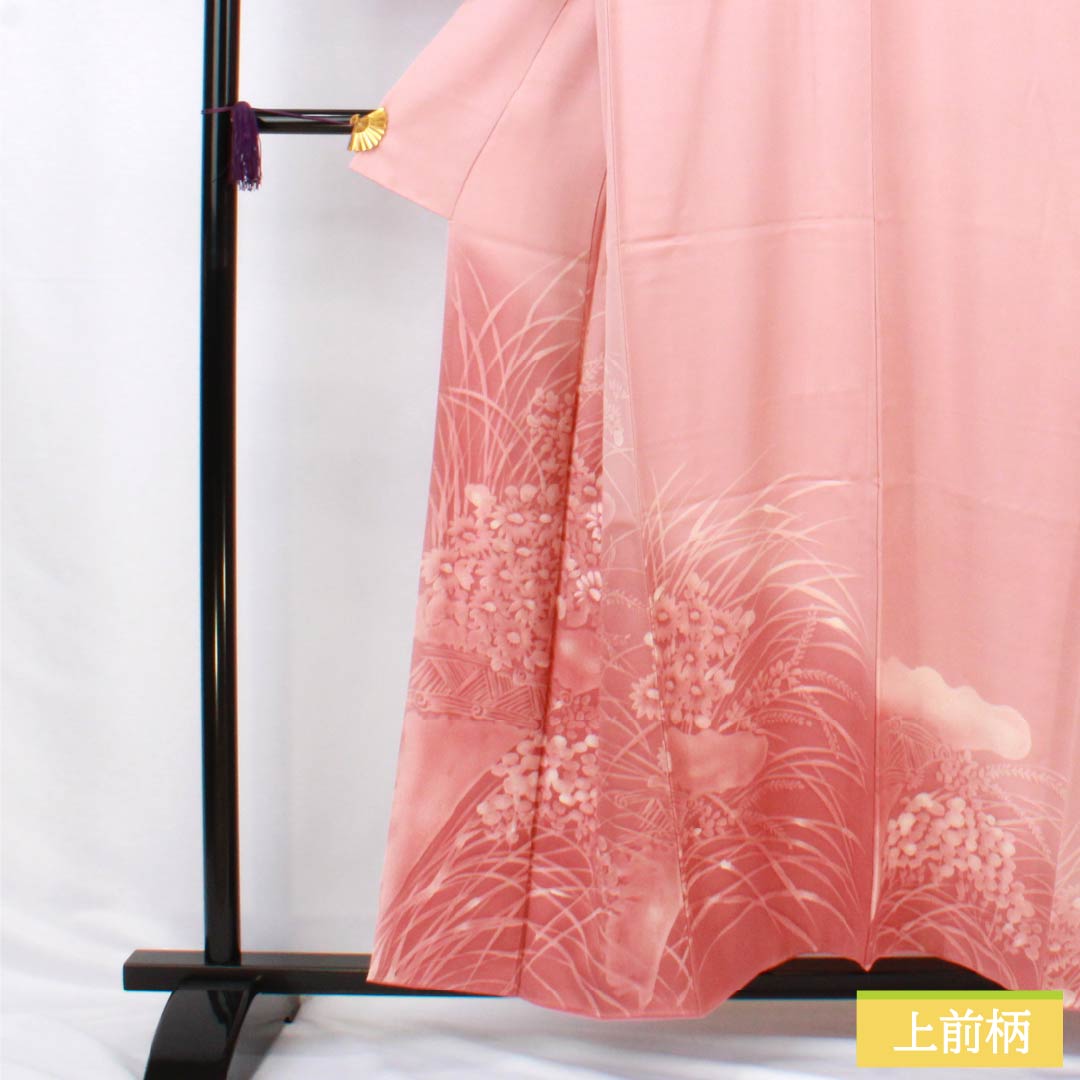 訪問着 正絹 Aランク 袷 身丈155cm 裄丈62cm 浅紅色（あさべにいろ） 縫い紋 一つ紋 ろうけつ染め 草花 重ね衿付き ピンク系 1112006323313