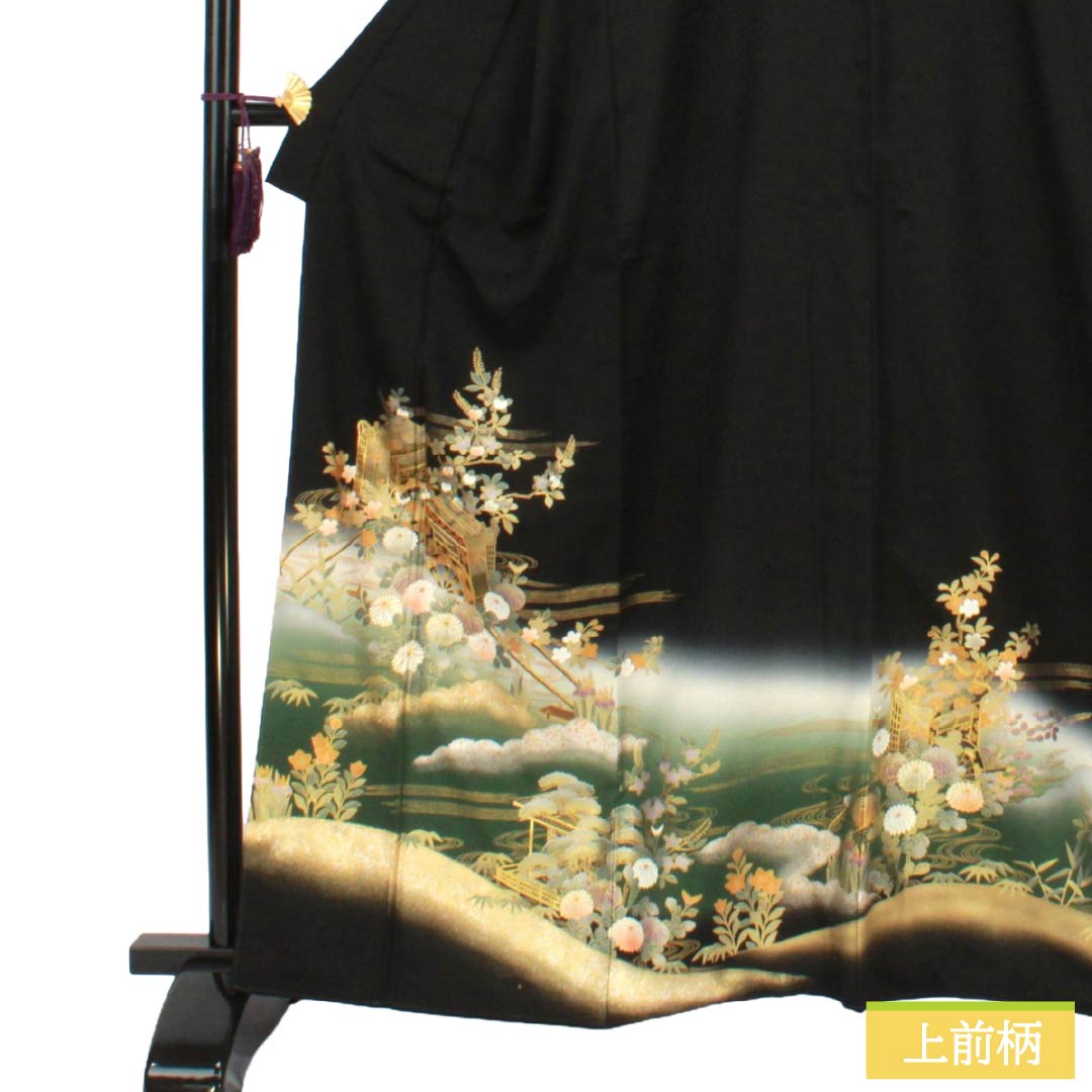 黒留袖 正絹 Aランク 身丈163.5cm 裄丈66.5cm 袷 京友禅 御所車 吉祥文様 五つ紋 丸に橘 比翼付き 五つ紋 黒系 1111002373410
