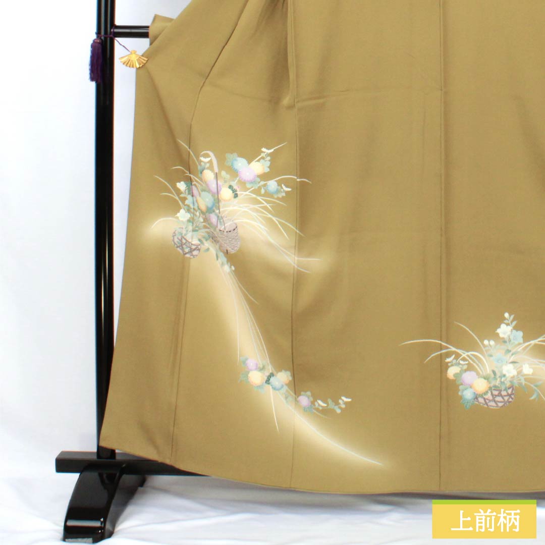 Visiting Kimono, Pure Silk, B-Rank, Lined, Length 160.5cm, Sleeve Length 67cm, Mulberry Dyed, Kyoto Yuzen, Flower Basket, Yellow, Product Number: 1112007124423