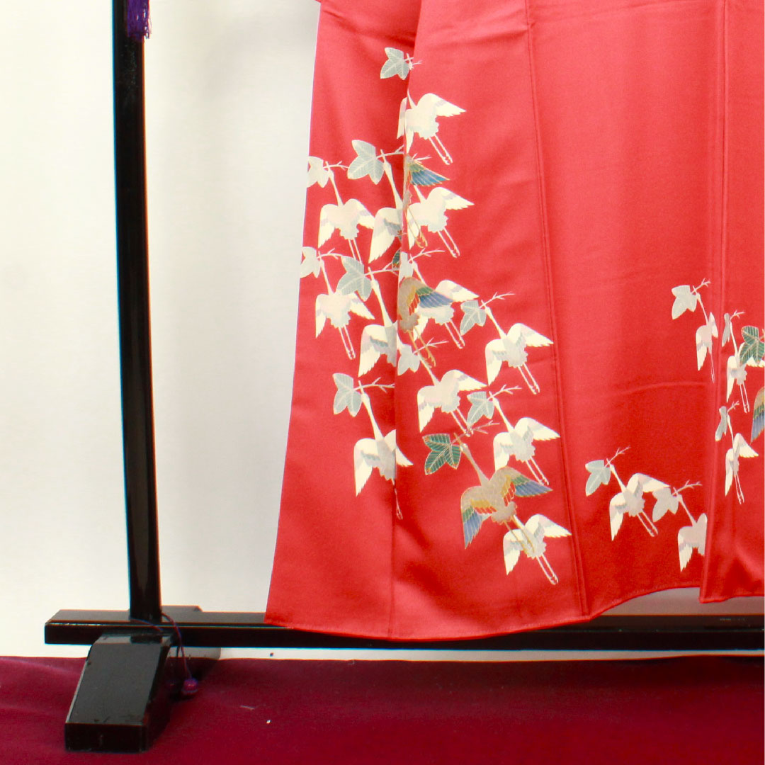訪問着 袷 身丈155cm 裄丈59cm 紅絹色 京友禅 鶴 正絹 Aランク 赤系 1112001863312