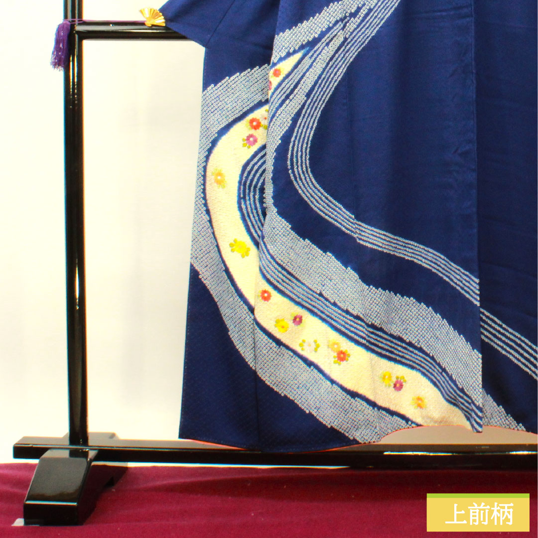訪問着 正絹 袷 身丈154cm 裄丈63cm 瑠璃色 部分絞り 刺繡 Aランク 紺系 1112004103218