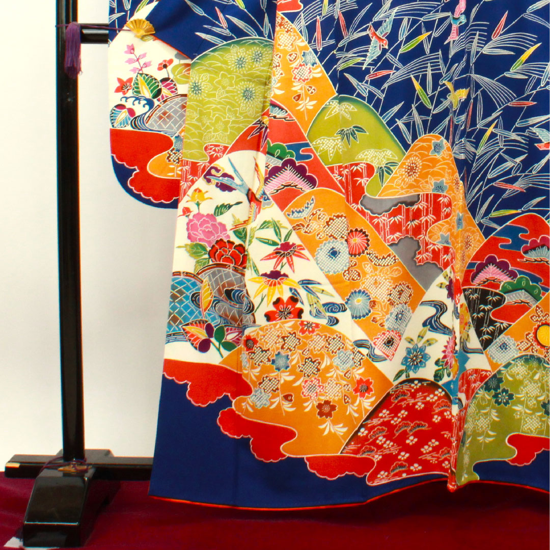 振袖 身丈160cm 裄丈65cm 袷  瑠璃色 京紅型 吉祥文様  正絹 Aランク 紺系 1113001753418