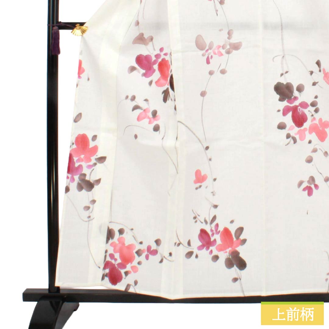 夏物 ポリエステル 小紋 Aランク 身丈158.5cm 裄丈66cm 洗える着物 濡れ描き 草花模様 紗 白系 1132006303311