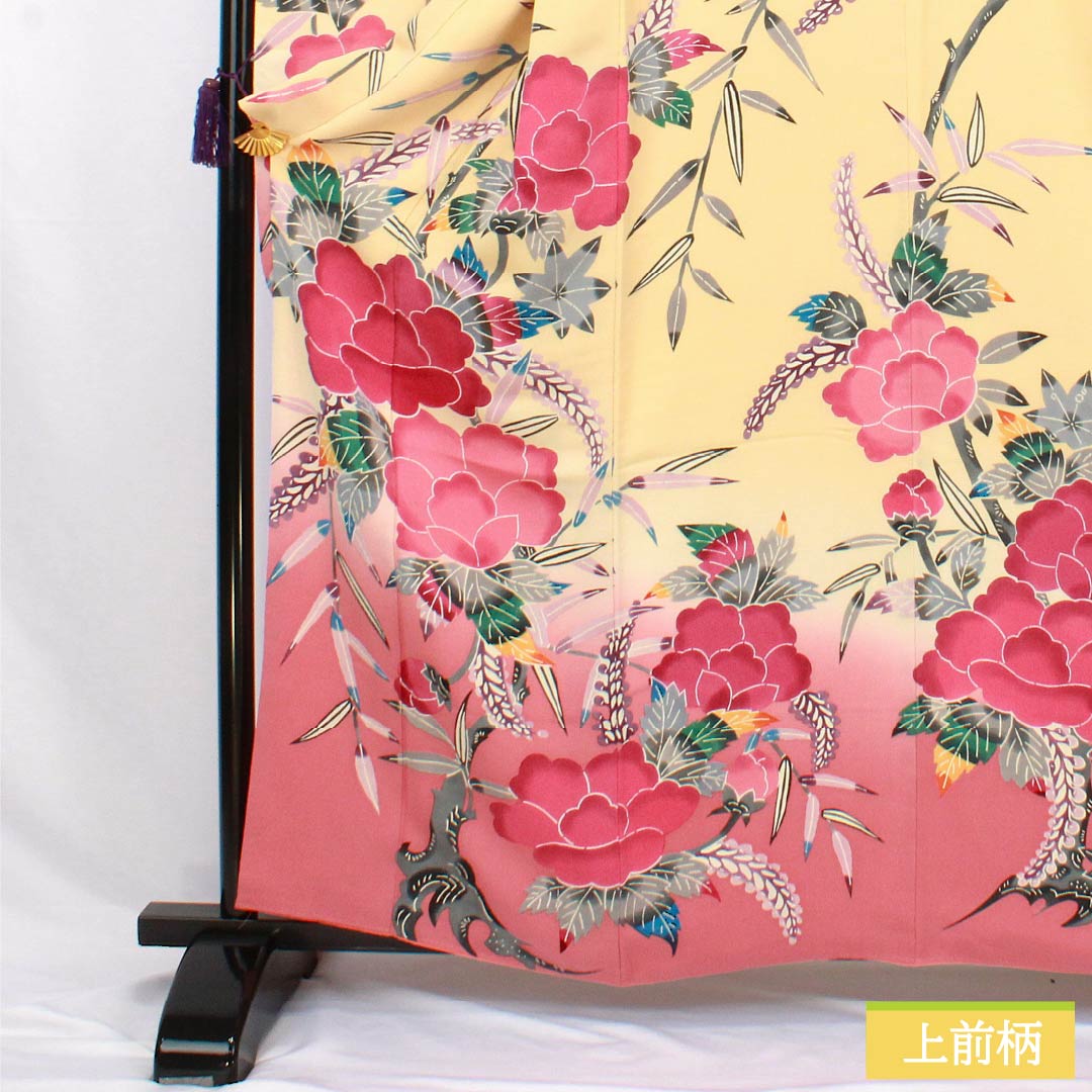 振袖 正絹 Aランク 身丈161cm 裄丈62.5cm 袷 薄柑子色（うすこうじいろ） 京紅型 牡丹 藤 ちりめん地 橙系 1113002403426