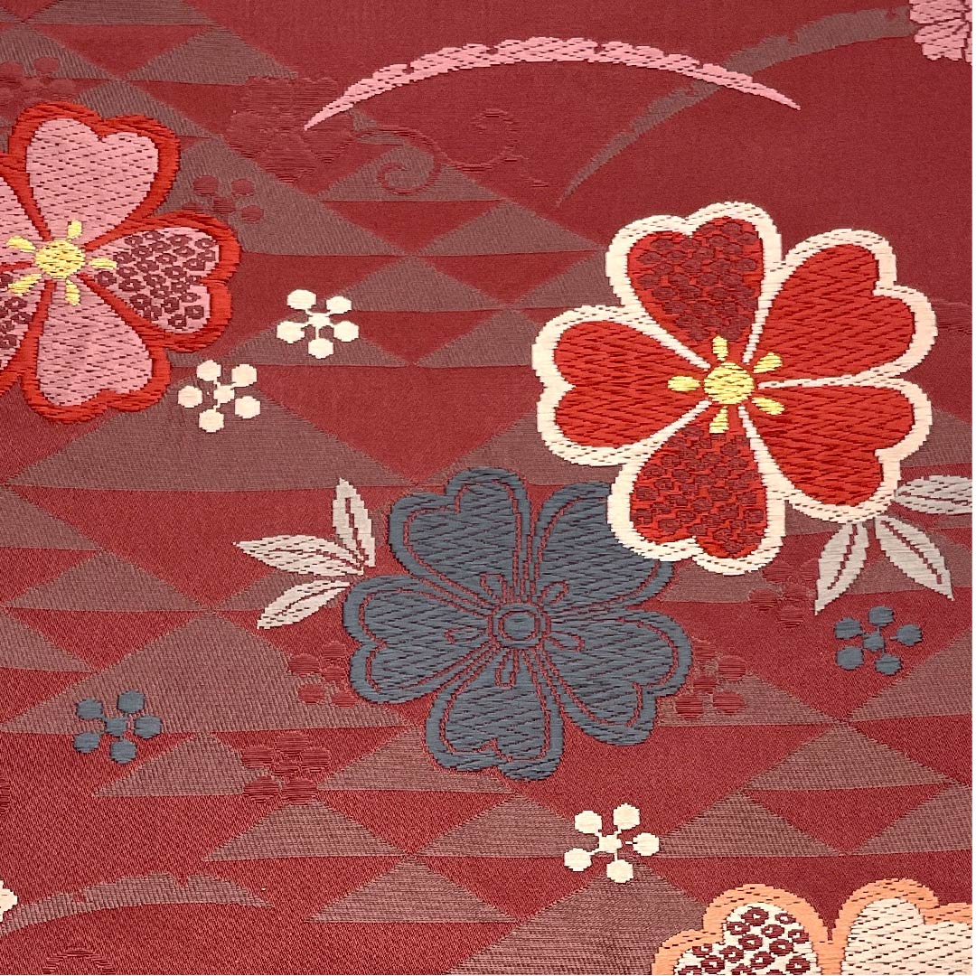 名古屋帯 京袋帯 深緋色 芝草 桜 鱗 唐草 帯丈381cm ポリ Sランク 六通 セミフォーマル 朱系 1124003322316  開き仕立て