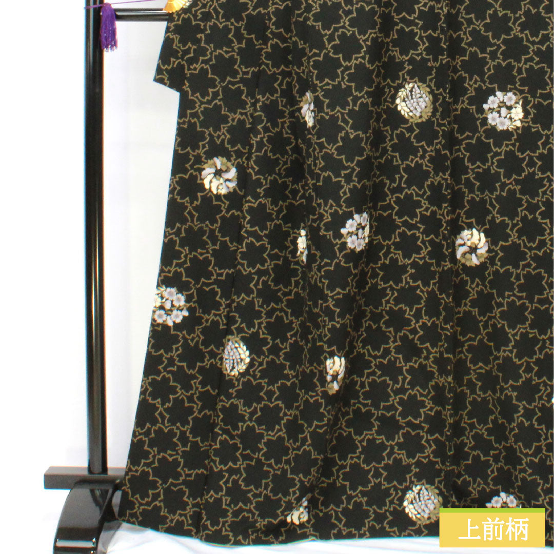 小紋 ポリエステル 身丈166.5cm 裄丈67cm 袷 洗える着物 桜 花模様 Sランク 黒系 1115004952510