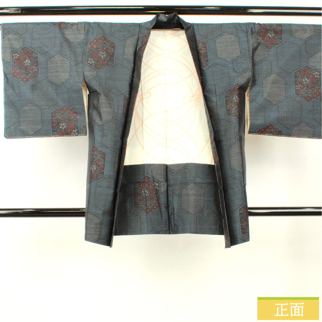 羽織 正絹 身丈87cm 裄丈65.5cm 大島紬 緯総絣 亀甲模様 しつけ糸付き Sランク 袷 紺系 1117001182918