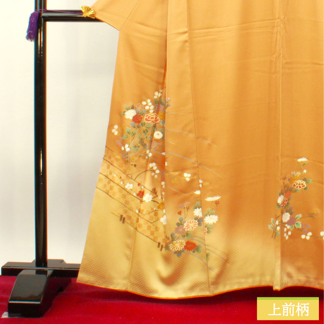 Homongi (formal kimono) Length 163cm Sleeve length 66cm Loquat brown Kyo-Yuzen Floral pattern Pure silk S rank Brown 1112003912414