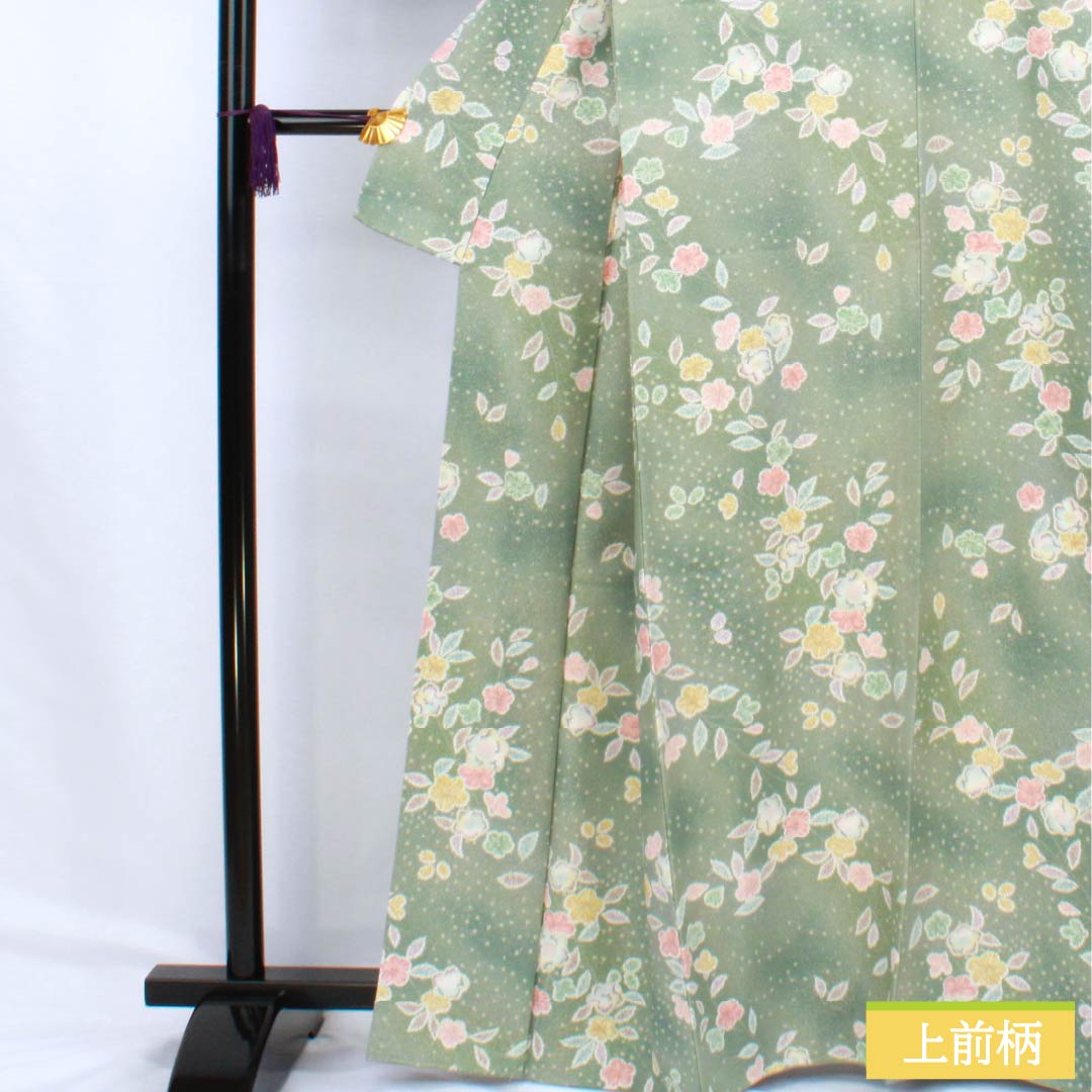 Small-patterned polyester kimono, S rank, length 163.5cm, sleeve length 65cm, lined, Ura-Iro (back leaf color), Kyo-Yuzen Tsujigahana (flower) pattern, green, 1115006822419