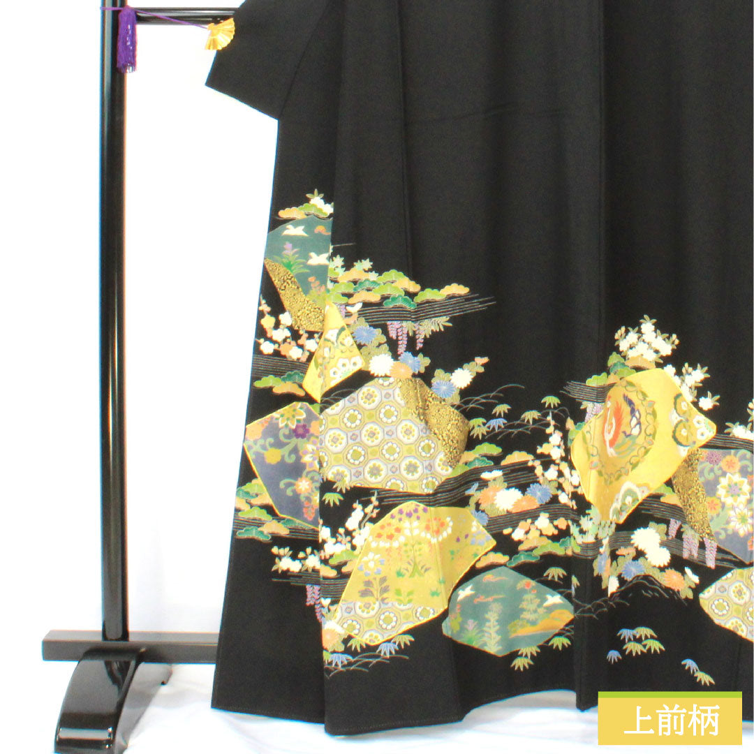 Black formal kimono, pure silk, length 162cm, sleeve length 68cm, lined, Kyoto yuzen, split pattern, phoenix, five crests, five-three paulownia, A rank, black, 1111001733410