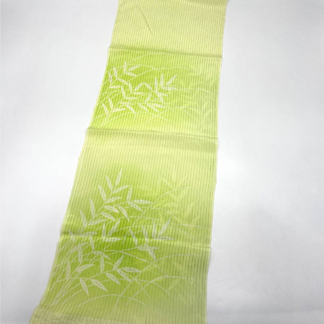 Obiage, pure silk, A rank, semi-formal, wakame-iro (light green), summer, tate-ro weave, leaves, length approx. 173cm, width approx. 28cm, green系, 1136004493919