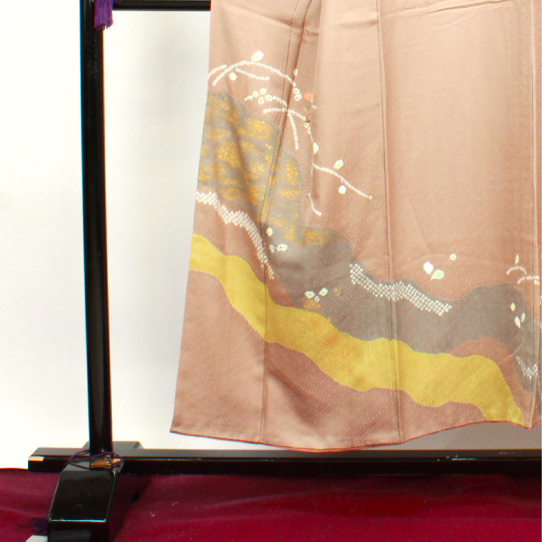 Homongi, lined, length 151.5cm, sleeve length 63cm, plum gray, tie-dye, abstract pattern, pure silk, A rank, brown, 1112002623214
