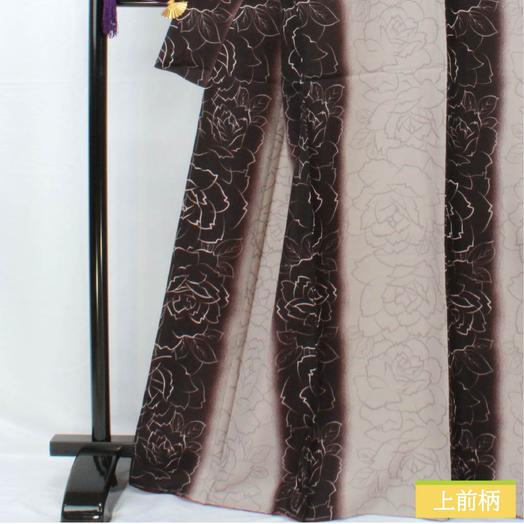 小紋 ポリエステル 身丈167.5cm 裄丈67.5cm 袷 褐色（かちいろ） 小町鼠色（こまちねずいろ） 洗える着物 薔薇 しつけ糸付き Sランク グラデーション系 1115005202599