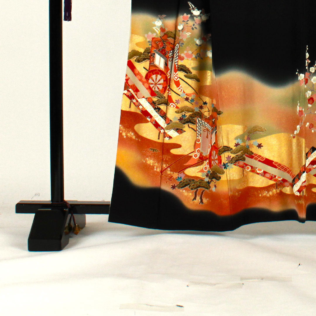 黒留袖 身丈161.5cm 裄丈64cm 袷 京友禅 御所車 木瓜 正絹 Sランク 五つ紋 黒系 1111000272410