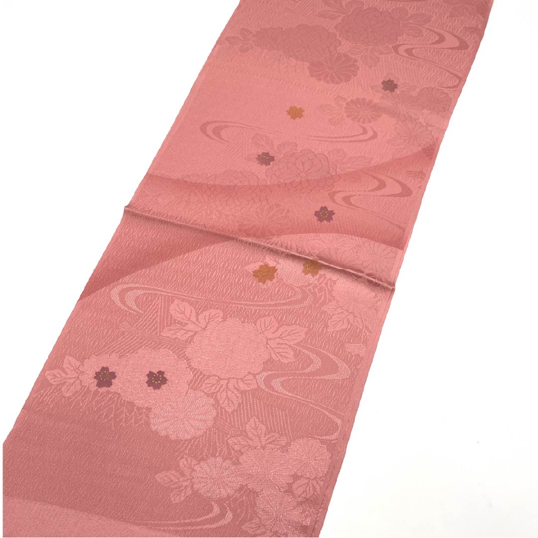 （新古品） 帯揚げ 正絹 フォーマル 浅紅色（あさべにいろ） 桜 菊 流水 長さ約174cm 幅約30cm Sランク ピンク系 1136000232913
