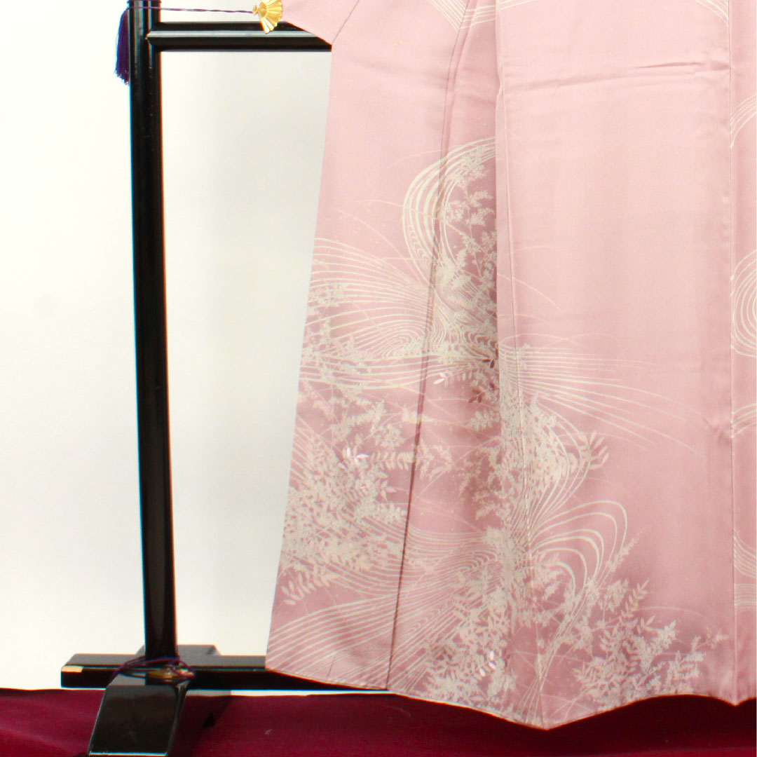 訪問着 袷 身丈157.5cm 裄丈62.5cm 退紅色 流水 草花模様 正絹 Aランク ピンク系 1112002183313