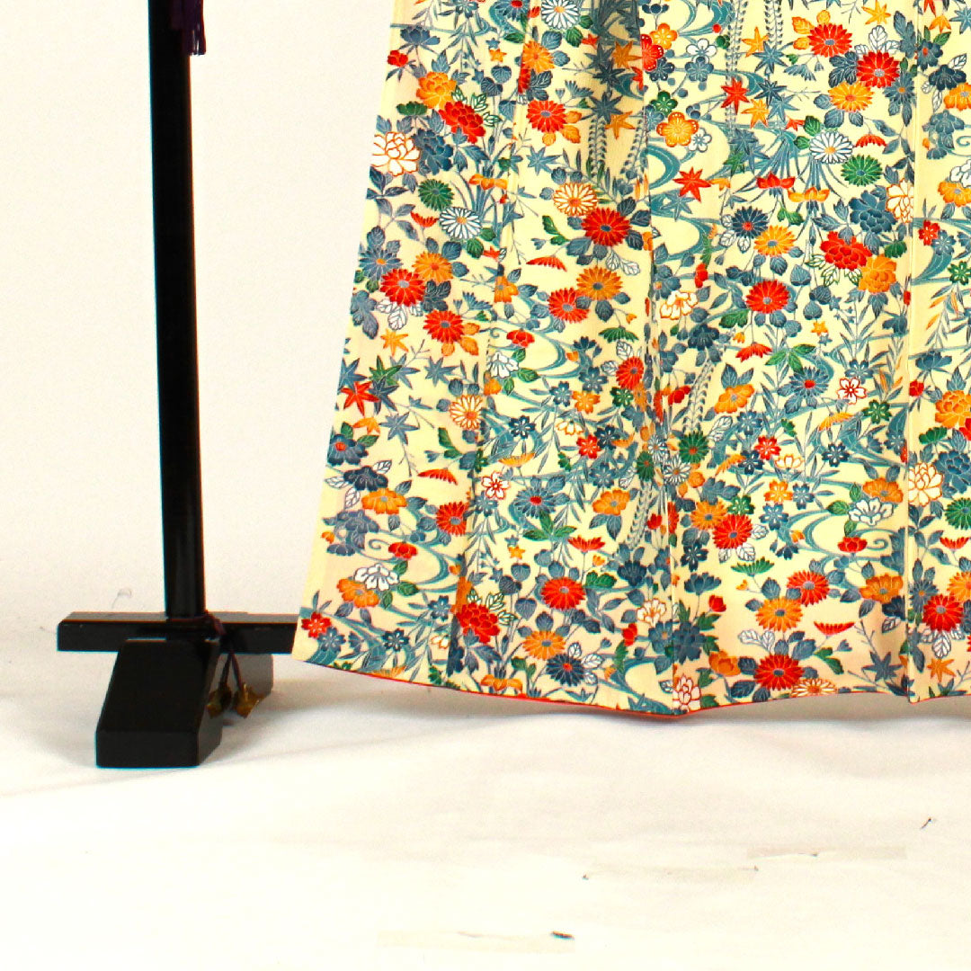 小紋 身丈163cm 裄丈66cm 袷  草花模様  ポリ Aランク クリーム系 1115001663415