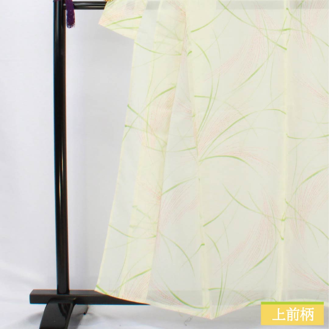 夏物 ポリエステル 小紋 身丈159cm 裄丈63.5cm 白百合色（しらゆりいろ） ススキ 洗える着物 絽 Sランク 黄系 1132002582323