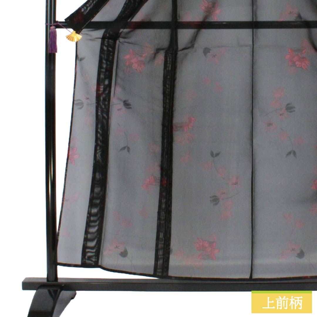 夏物 正絹 お召 Sランク 身丈158cm 裄丈64cm 草花模様 紗 黒系 1132006392310