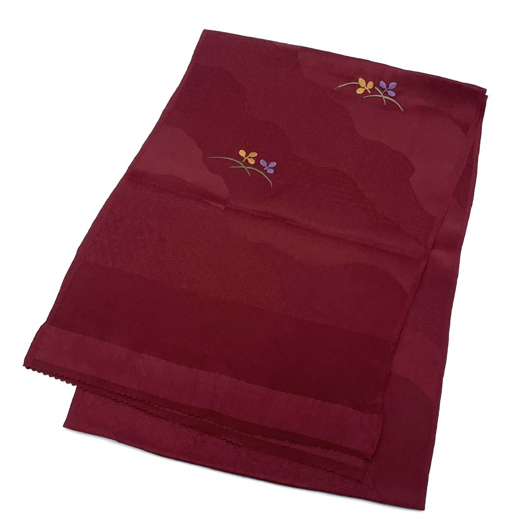 帯揚げ 正絹 Sランク カジュアル 暗紅色（あんこうしょく） 刺繍 古典柄 長さ約176cm 幅約30cm 赤系 1136002102912