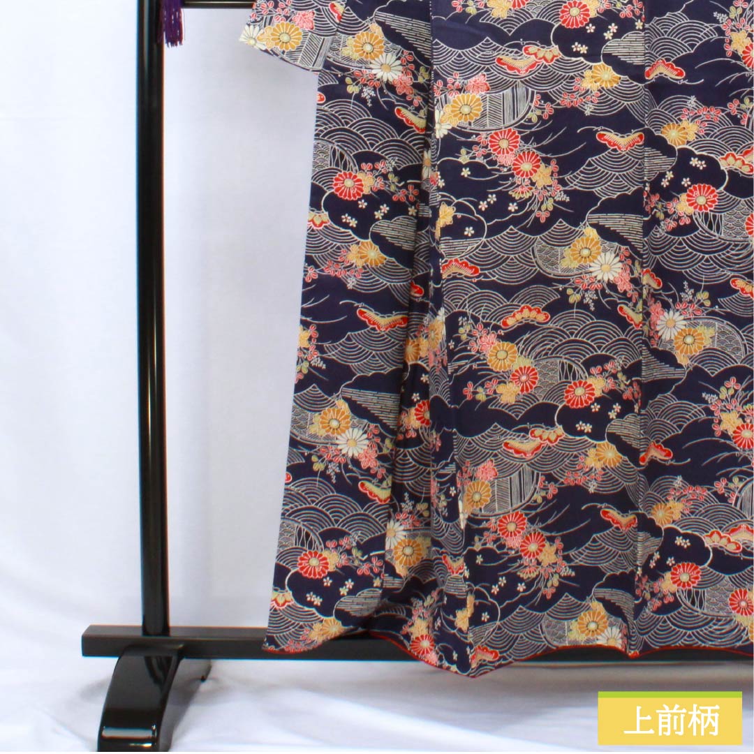 小紋 正絹 身丈157cm 裄丈63cm 袷 型染 青海波 松 花 Sランク 紺系 1115005902318