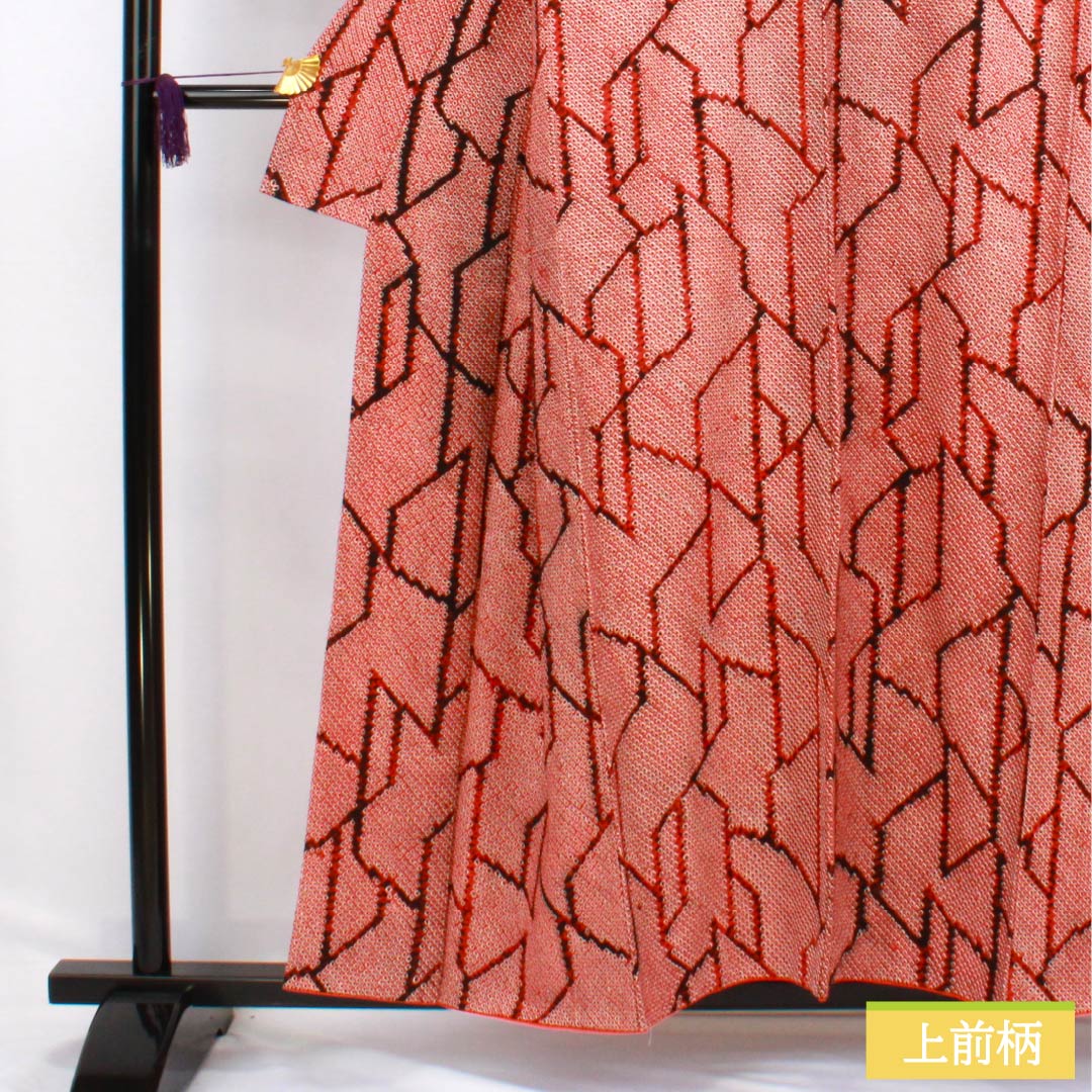 小紋 正絹 Aランク 身丈156cm 裄丈63cm 袷 赤色（あかいろ） 絞り 幾何学模様 赤系 1115006483312