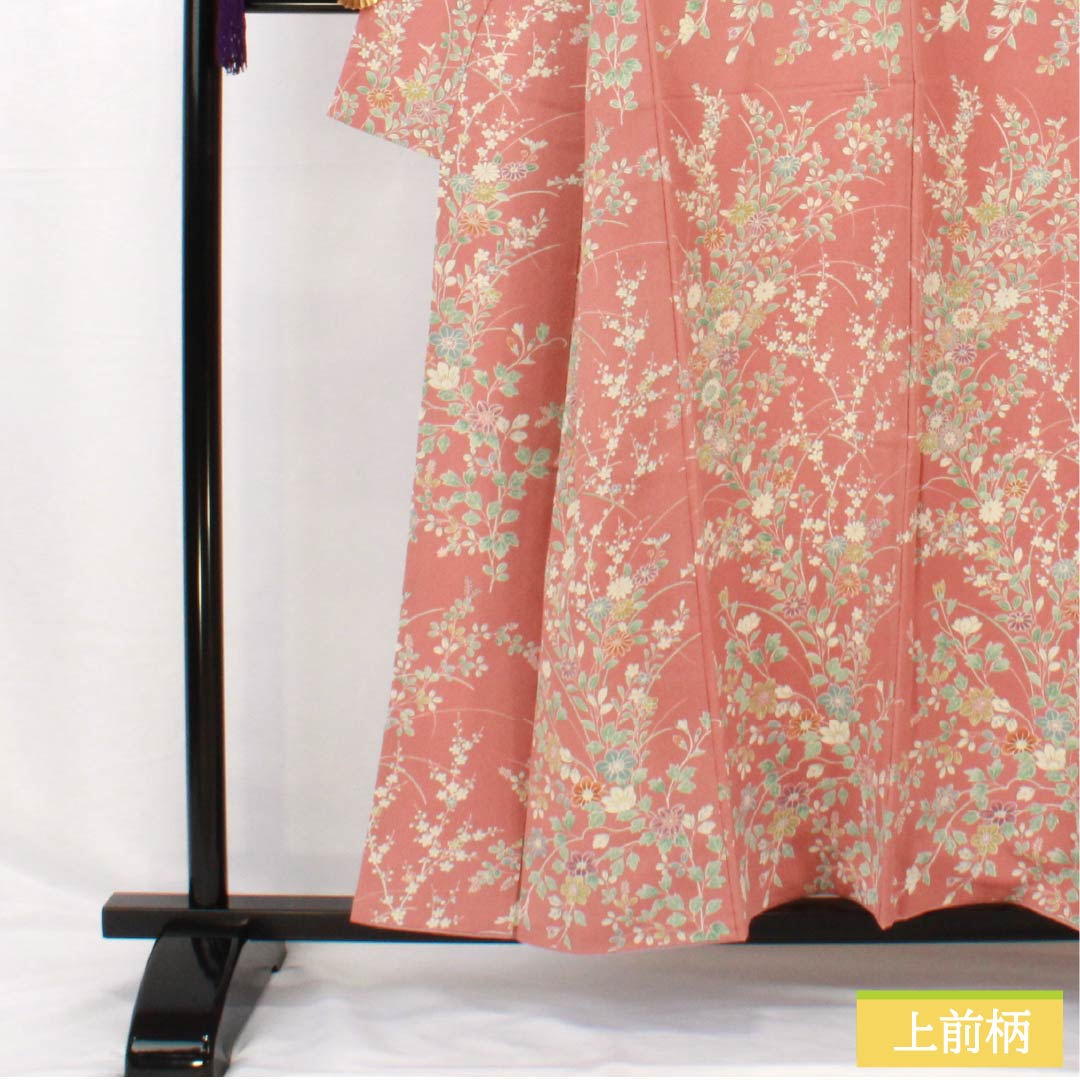 小紋 正絹 身丈156cm 裄丈62.5cm 袷 浅蘇芳色（あさきすおういろ） 草花模様 Aランク ピンク系 1115005083313