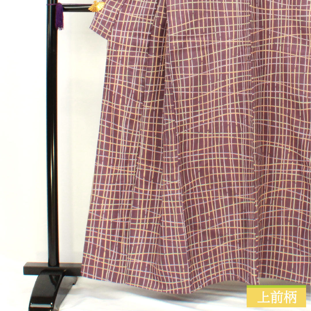 小紋 ポリエステル 身丈159cm 裄丈66cm 単衣 古代紫色（こだいむらさきいろ） 洗える着物 格子 Aランク 紫系 1115004863320