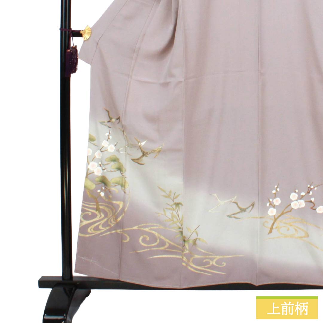 色留袖 正絹 Sランク 身丈157cm 裄丈64cm 袷 灰桜色（はいざくらいろ） 京友禅 鶴 松竹梅 流水 金彩加工 紋なし 紫系 1111002212320