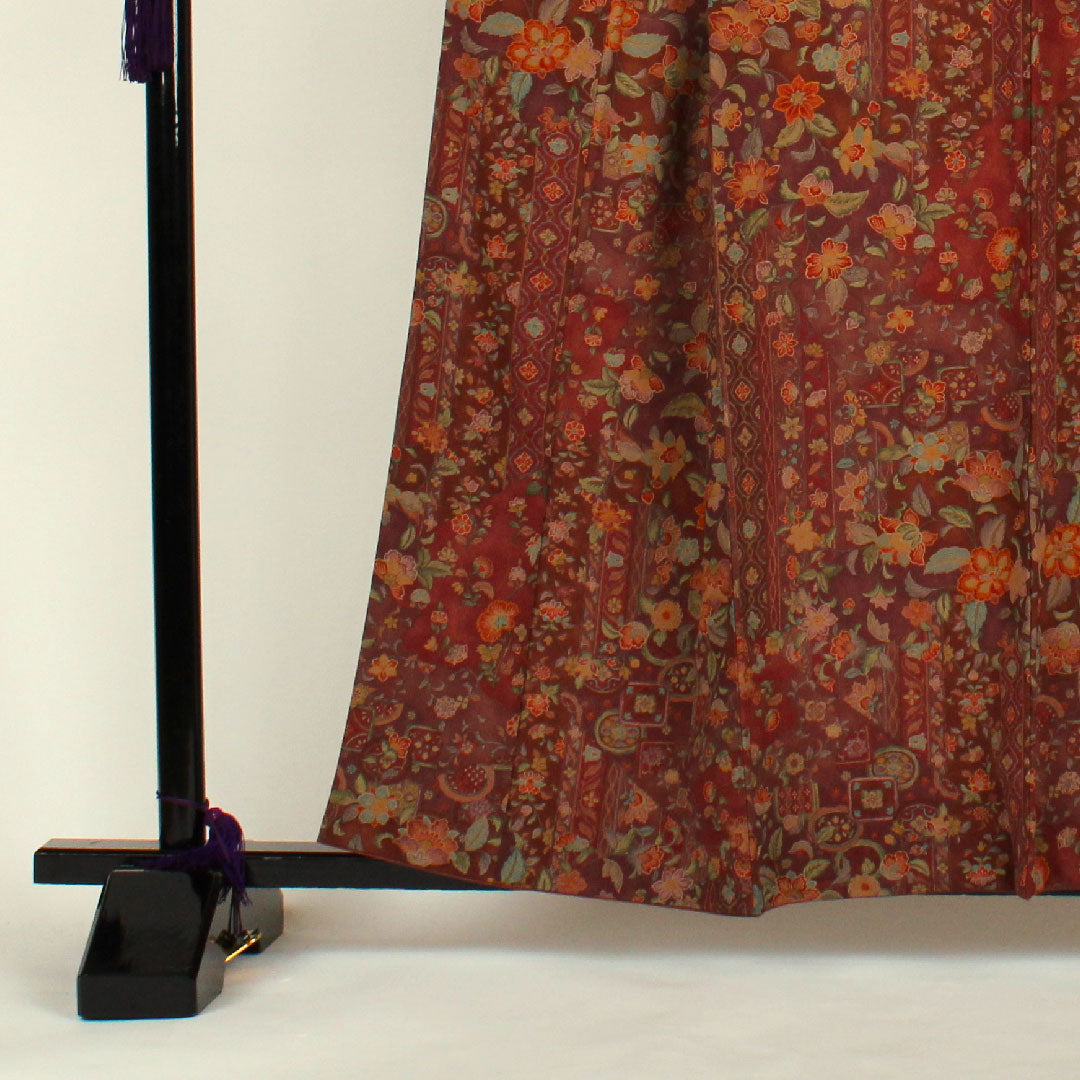 小紋 身丈160cm 裄丈64cm 袷  洗える着物 更紗柄 ポリ Aランク 茶系 1115000223314