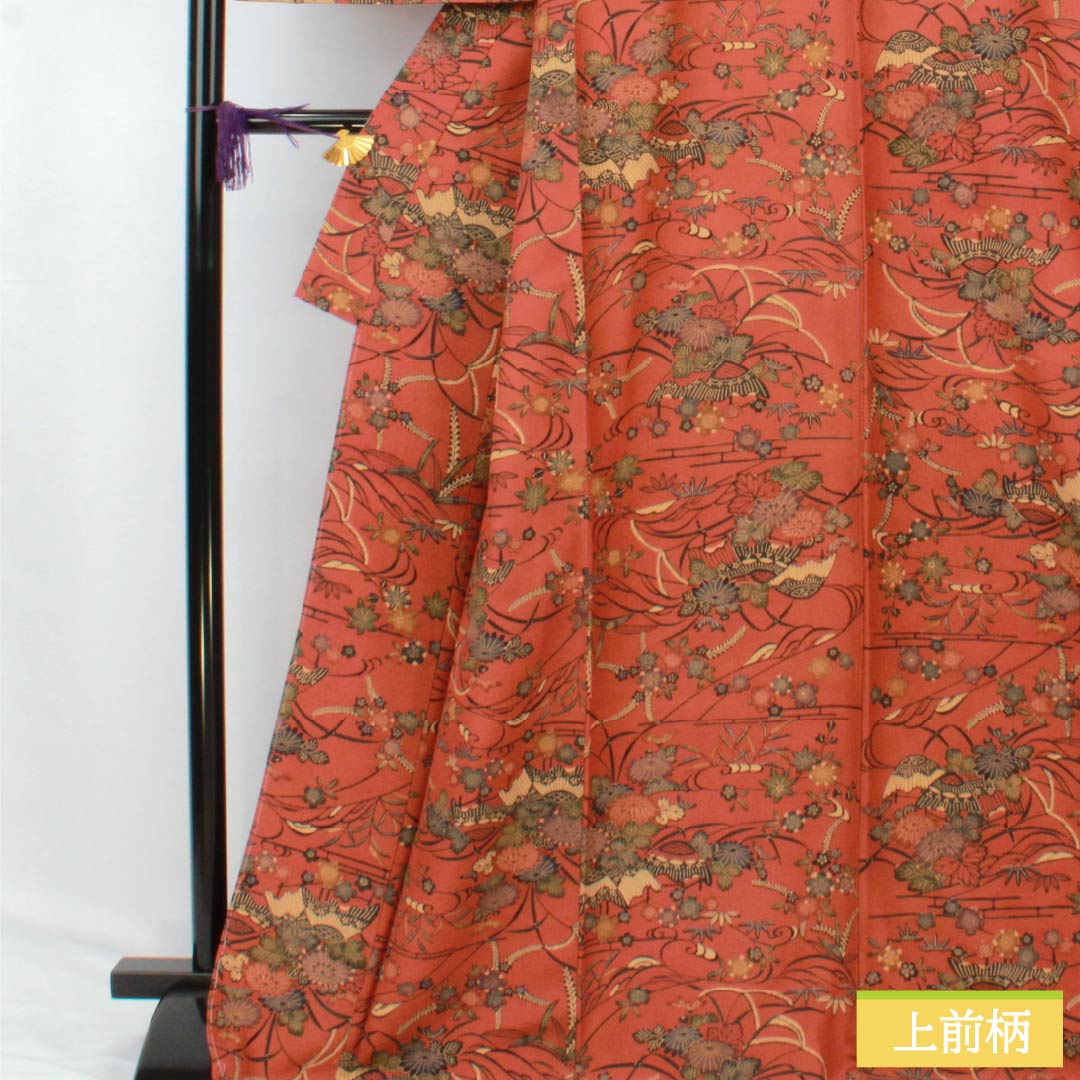 小紋 ポリエステル Sランク 身丈169.5cm 裄丈67cm 袷 緋銅色（ひどうしょく） 型染 草花 しつけ糸付き 洗える着物 茶系 1115007112514