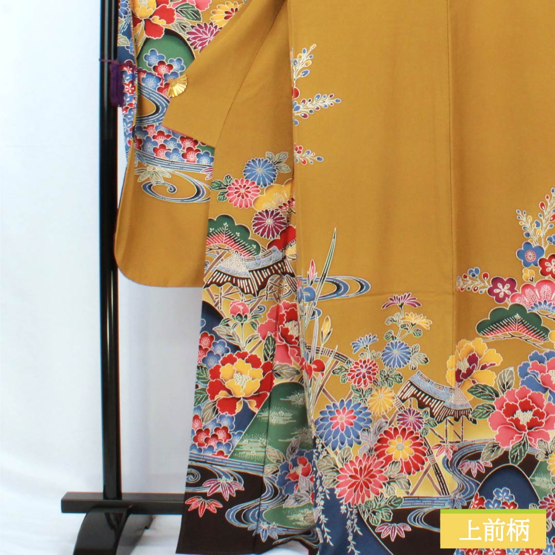 振袖 正絹 Sランク 身丈166cm 裄丈67cm 袷 木蘭色（もくらんじき） 京紅型 吉祥文様 松 菖蒲 橙系 1113002302526
