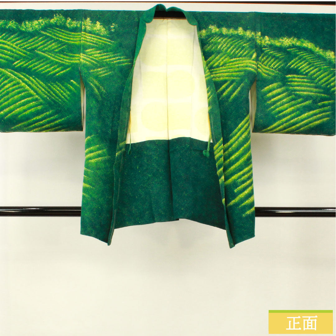 羽織 正絹 身丈83.5cm 裄丈67cm 玉虫色（たまむしいろ） ろうけつ染め 抽象模様 しつけ糸付き Sランク 袷 緑系 1117001042919