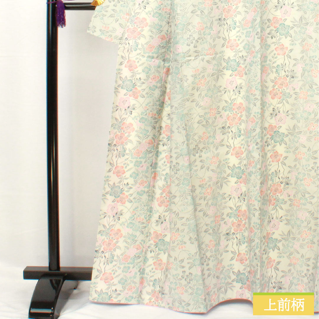 小紋 ポリエステル 身丈165cm 裄丈66cm 袷 胡粉色（ごふんいろ） 洗える着物 草花模様 Aランク グレー系 1115004513522