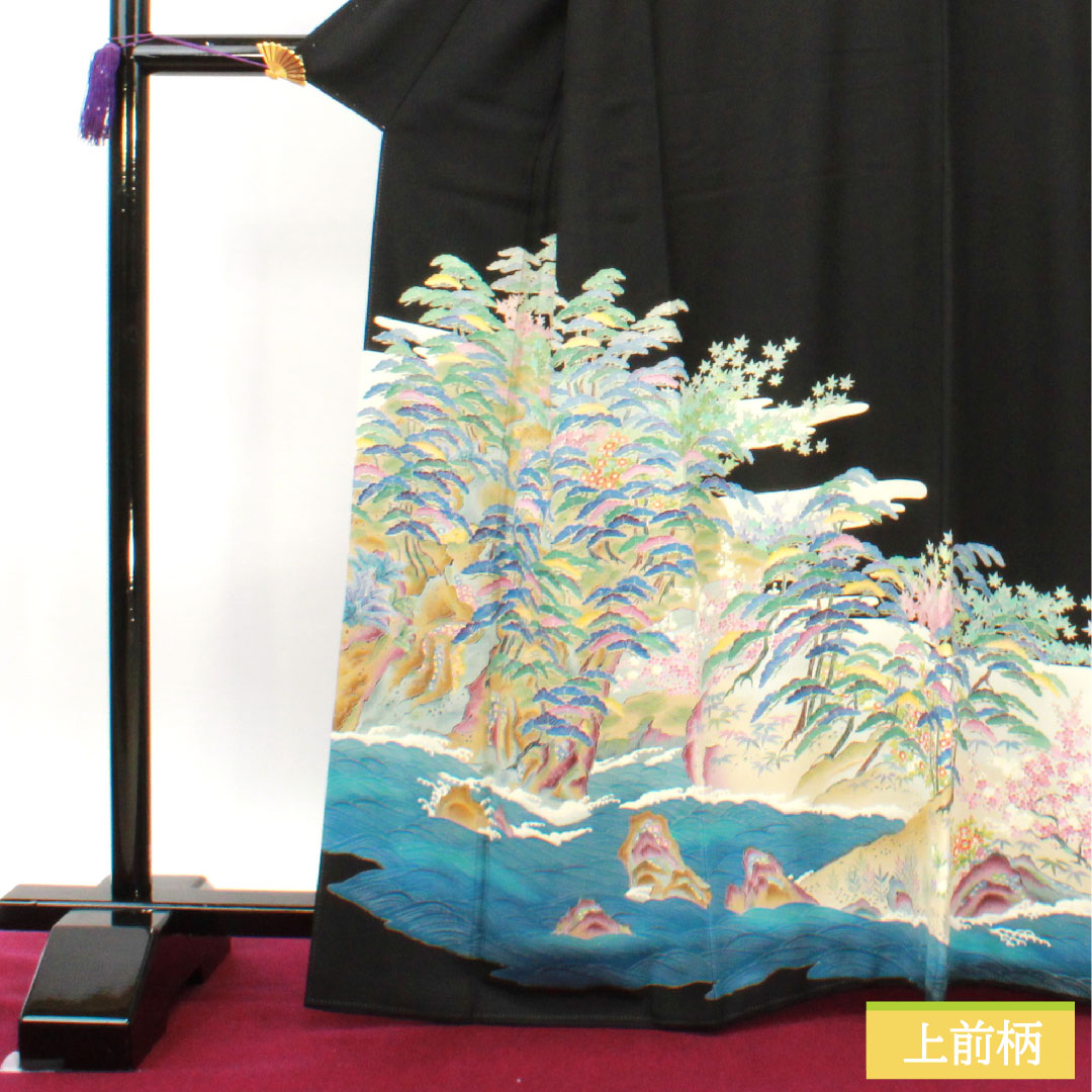 黒留袖 正絹 身丈165cm 裄丈66cm 袷  京加賀 吉祥文様 五つ紋 木瓜 Sランク 五つ紋 黒系 1111001242510