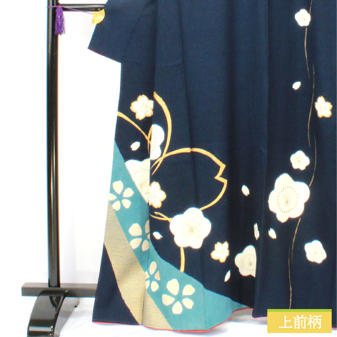 Homongi, pure silk, lined, length 162.5cm, sleeve length 62cm, navy blue, plum, cherry blossom, B rank, navy blue, 1112005634418