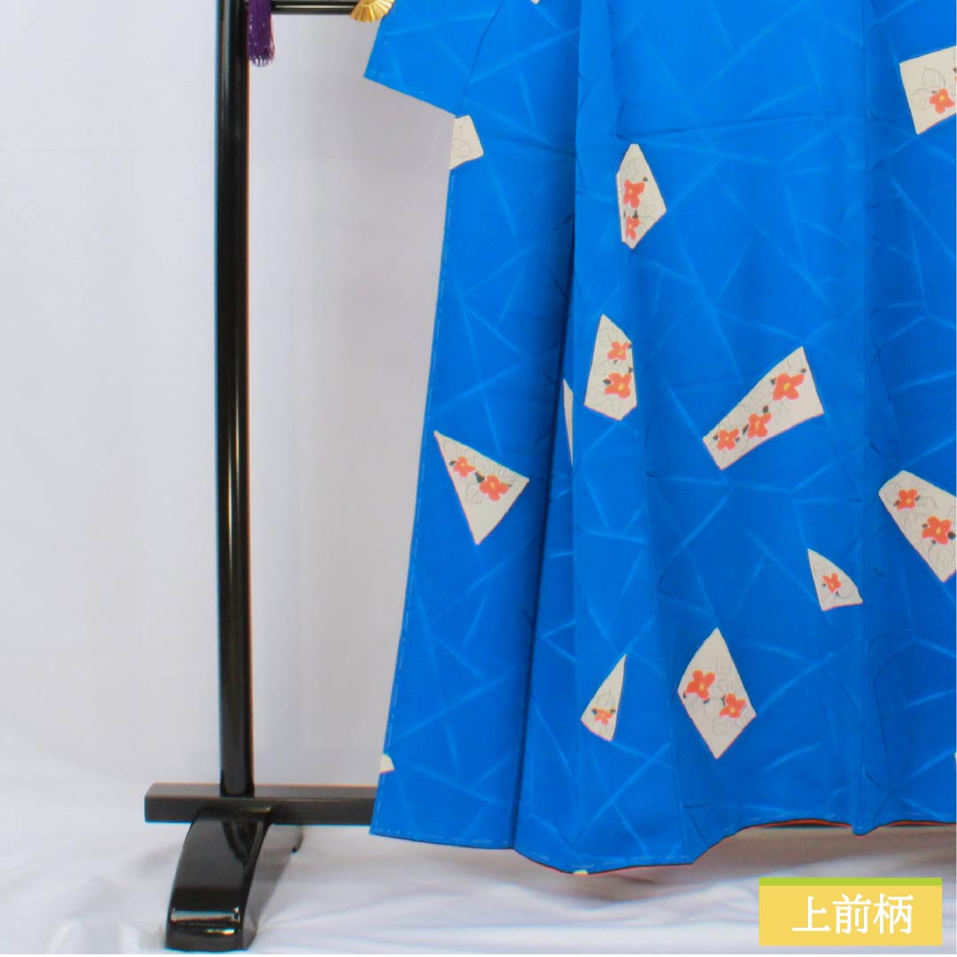 小紋 正絹 身丈159cm 裄丈64.5cm 袷 金碧珠色（きんぺきしゅいろ） 京友禅 割付 花 しつけ糸付き Aランク 青系 1115005753317