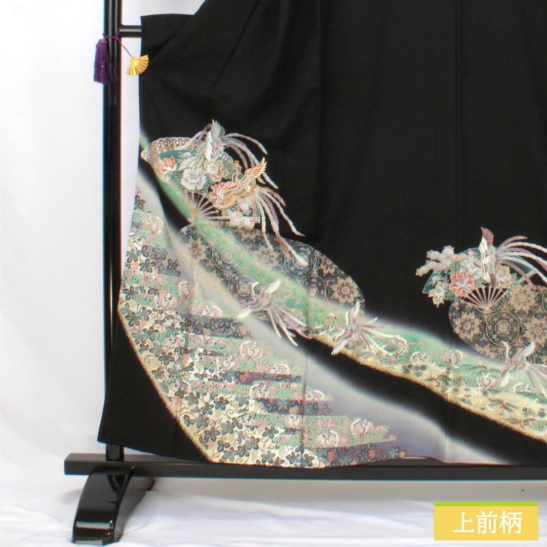 黒留袖 正絹 Aランク 身丈156cm 裄丈64cm 袷 京友禅 五つ紋 五三桐 鳳凰 扇面 五つ紋 黒系 1111002093310