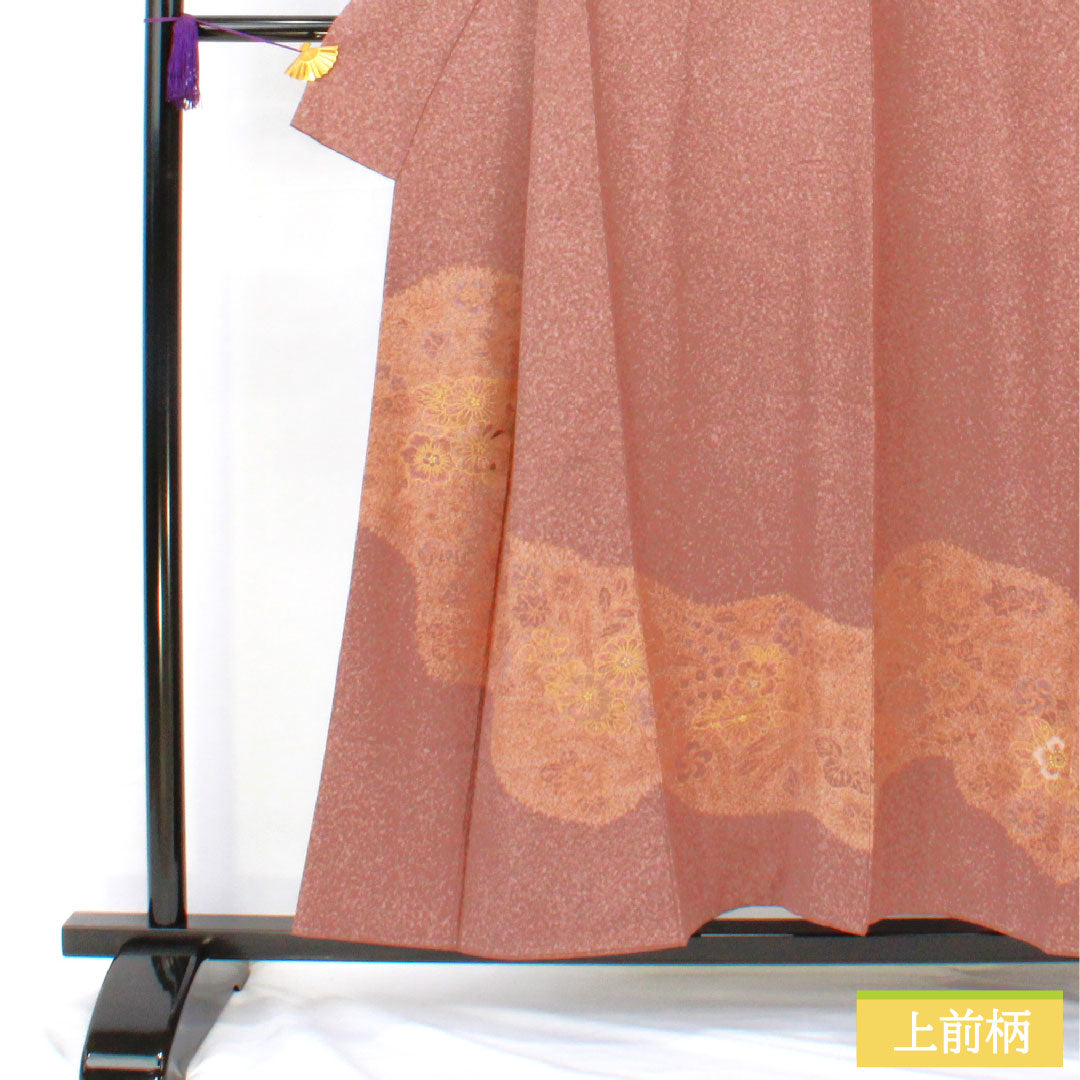 訪問着 正絹 袷 身丈153cm 裄丈63cm 小豆鼠色（あずきねずいろ） 草花模様 部分刺繡 Sランク 茶系 1112005752214