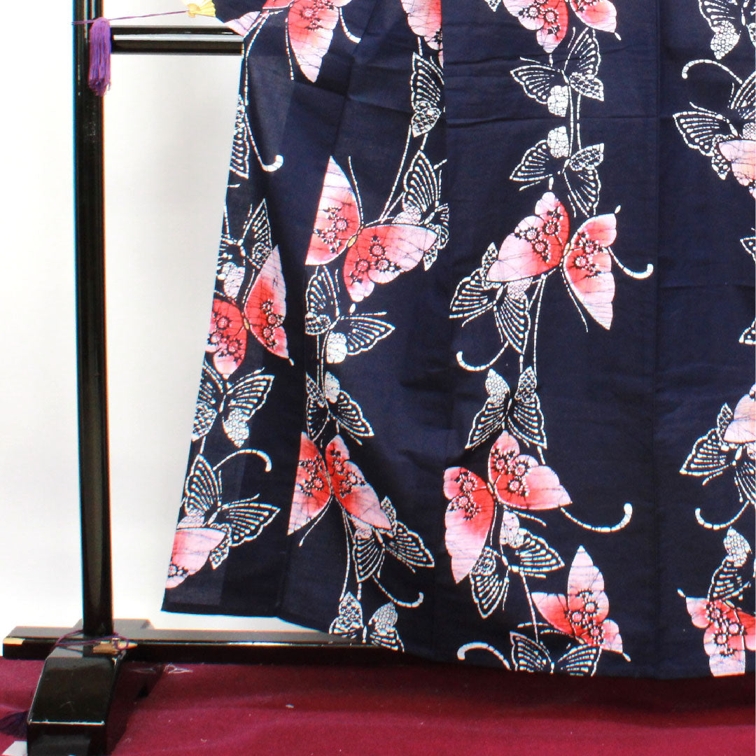 Yukata with basting thread, unused, dark navy blue, butterfly, cotton, S rank, single layer, length 160cm, sleeve length 62cm, navy blue, 1118002922418