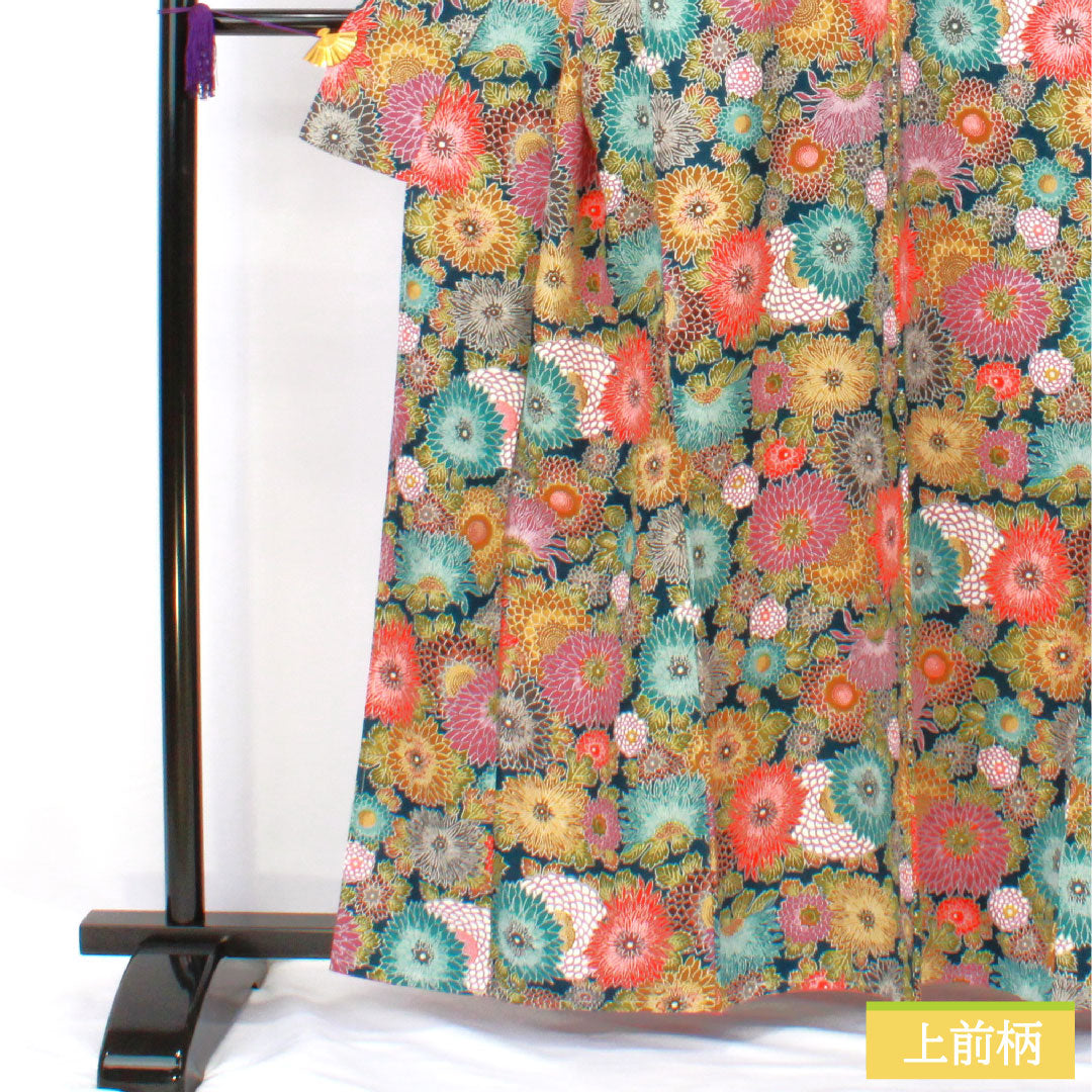 小紋 ポリエステル 身丈161.5cm 裄丈62cm 袷 青藍色（せいらんいろ） 洗える着物 菊 しつけ糸付き Sランク 紺系 1115004522418