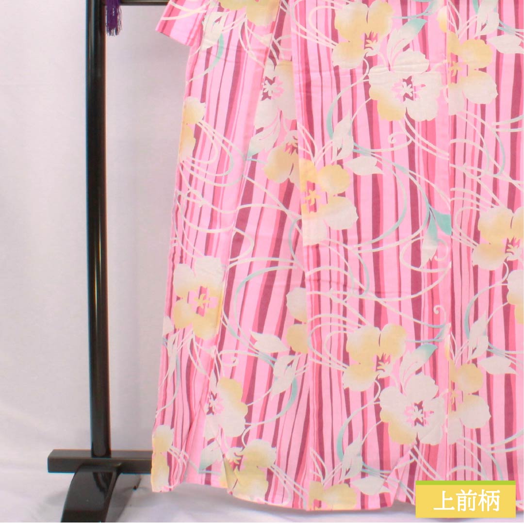 Cotton Yukata, Length 164.5cm, Sleeve Length 62.5cm, S Rank, Single Layer, Pink/Peach (Momoiro) with Hibiscus Stripes, 1118006702413