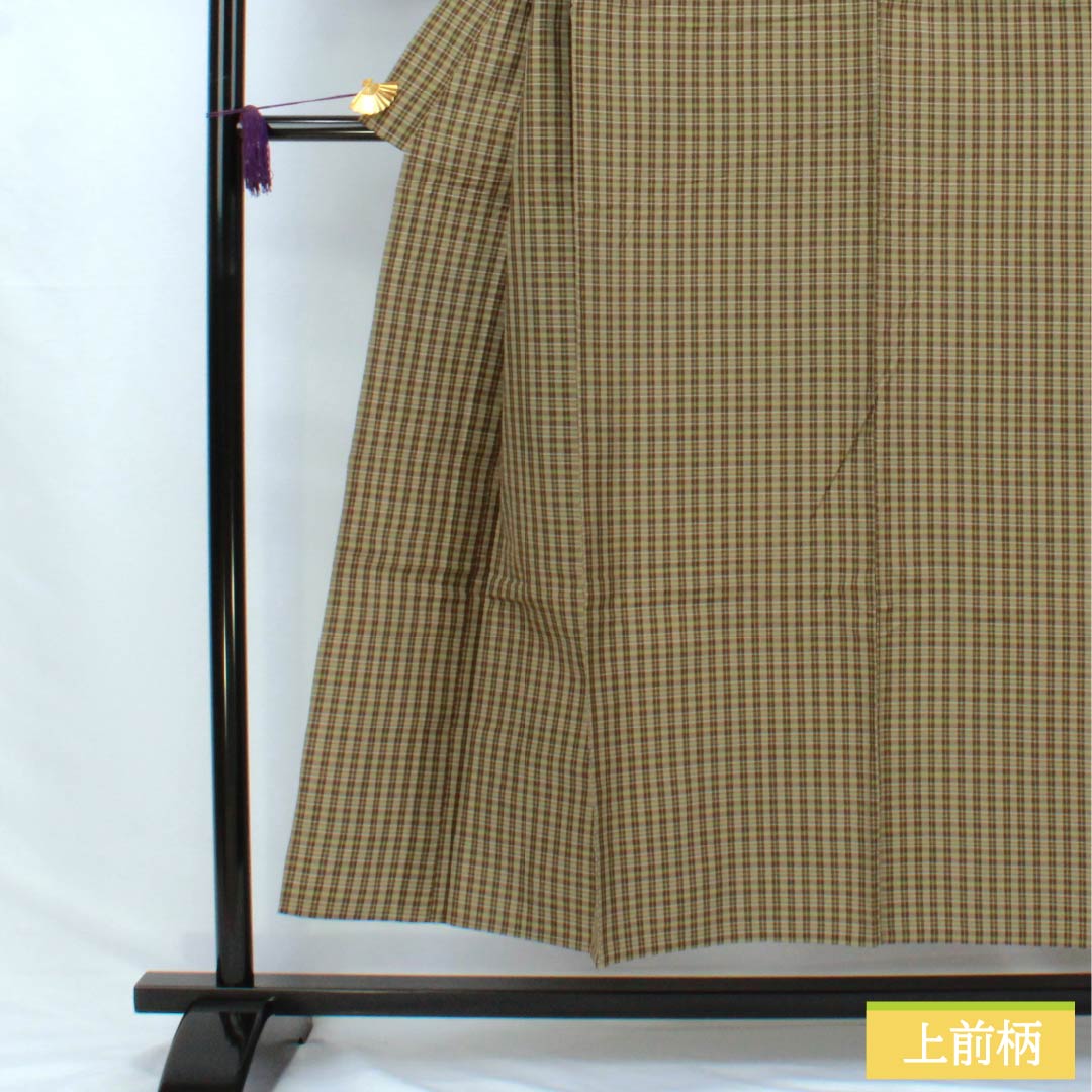 男物 木綿 Sランク 身丈148.5cm 裄丈68cm  利休生壁色（りきゅうなまかべいろ） 憲法茶色（けんぽうちゃいろ） チェック柄 内ポケット付き 単衣 緑系 1119001092419