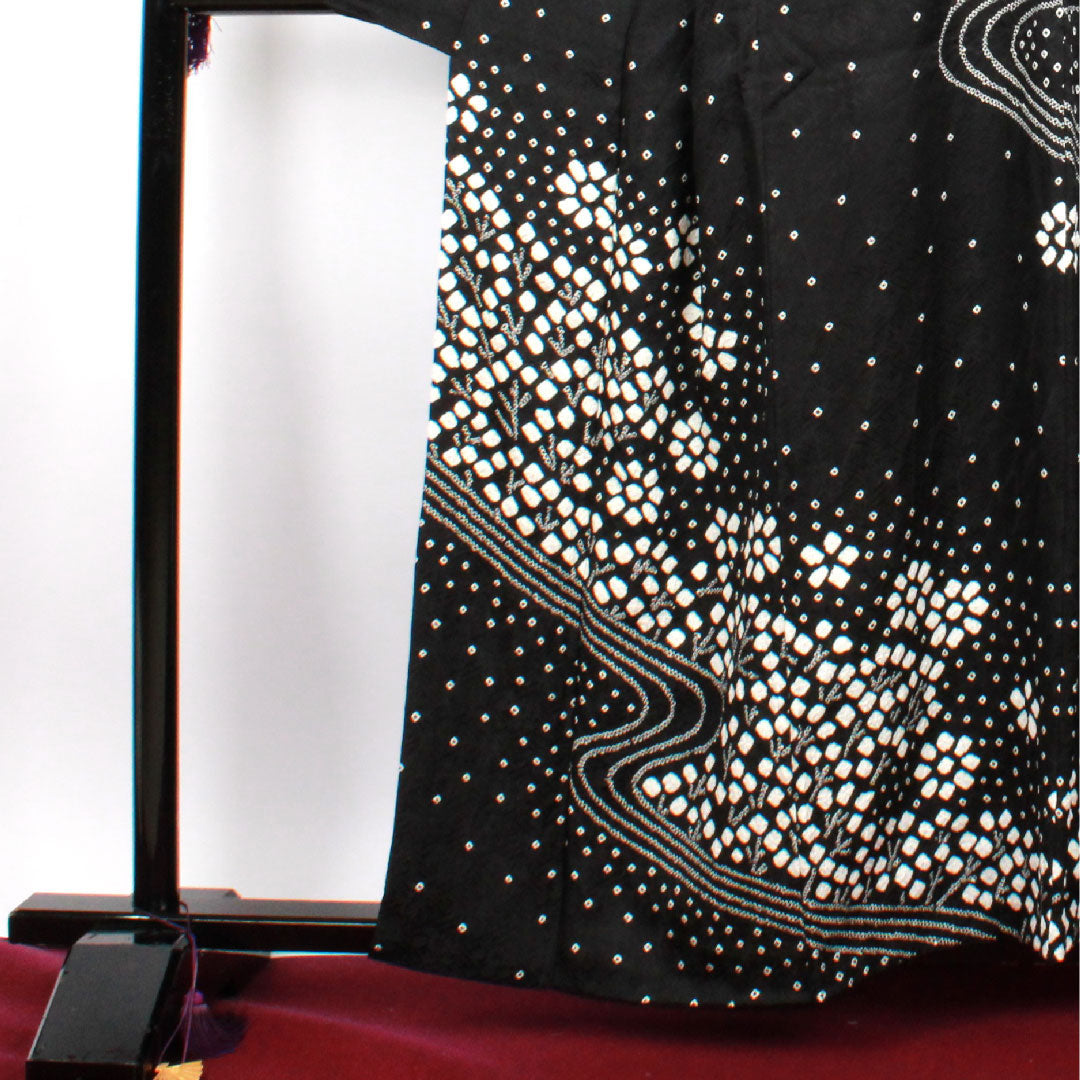 訪問着 袷 身丈159.5cm 裄丈62cm 絞り 花模様 正絹 Aランク 黒系 1112001693310