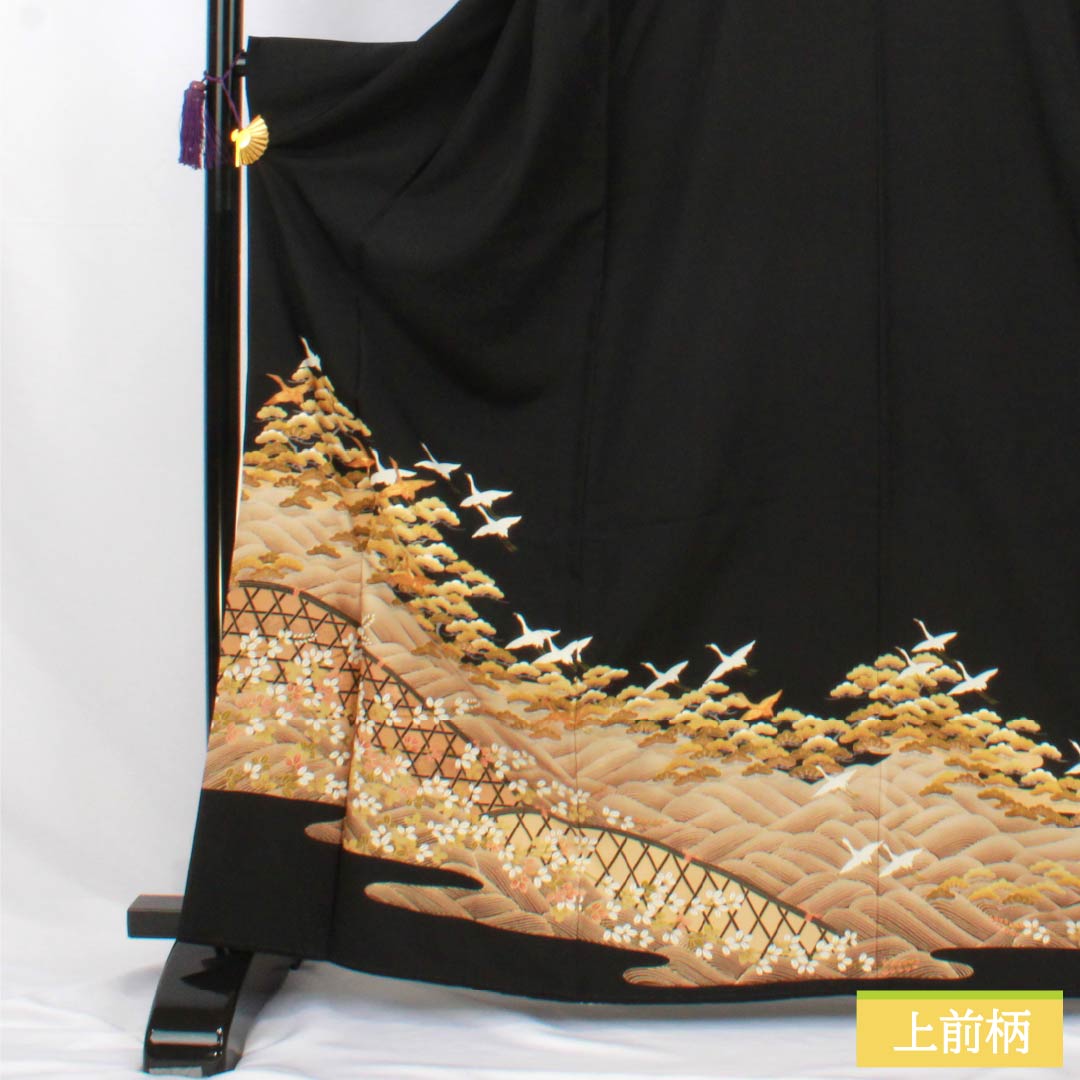 黒留袖 正絹 Aランク 身丈167cm 裄丈67.5cm 袷 京友禅 五つ紋 中陰五三桐 鶴 松 萩 波 五つ紋 黒系 1111002053510